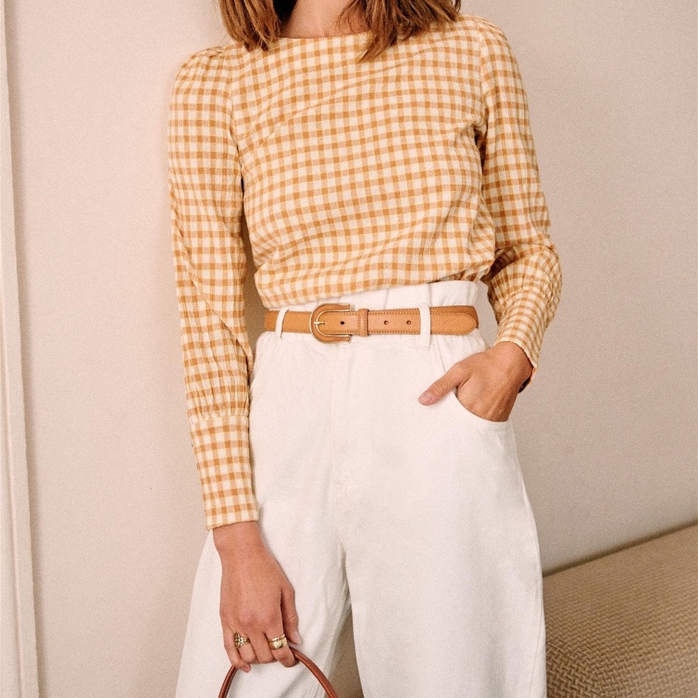 Sezane Lina gingham long sleeve top with button up back in mustard yellow